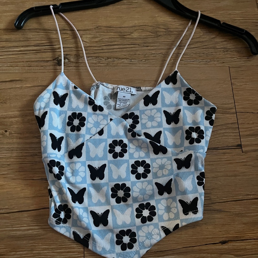 Rue21 Black and Light Blue Butterfly Floral Tank